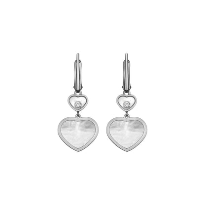 Chopard Happy Hearts earrings in 18k ethical white gold with moving diamonds and mother of pearl view 3
