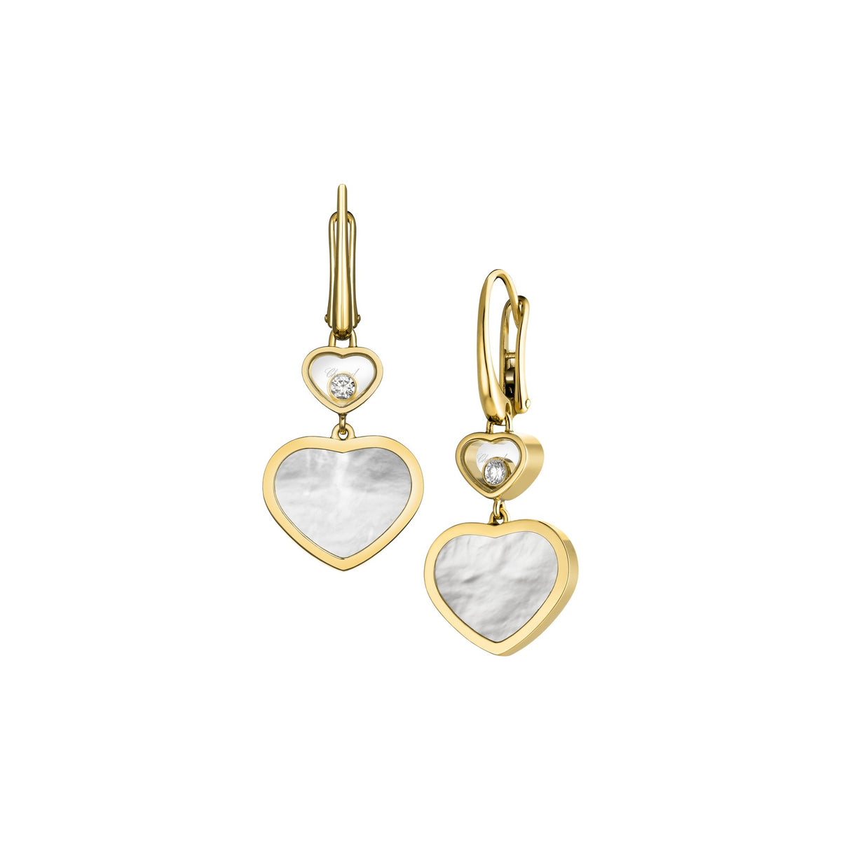 Chopard Happy Hearts earrings in 18k ethical yellow gold with moving diamonds and mother of pearl