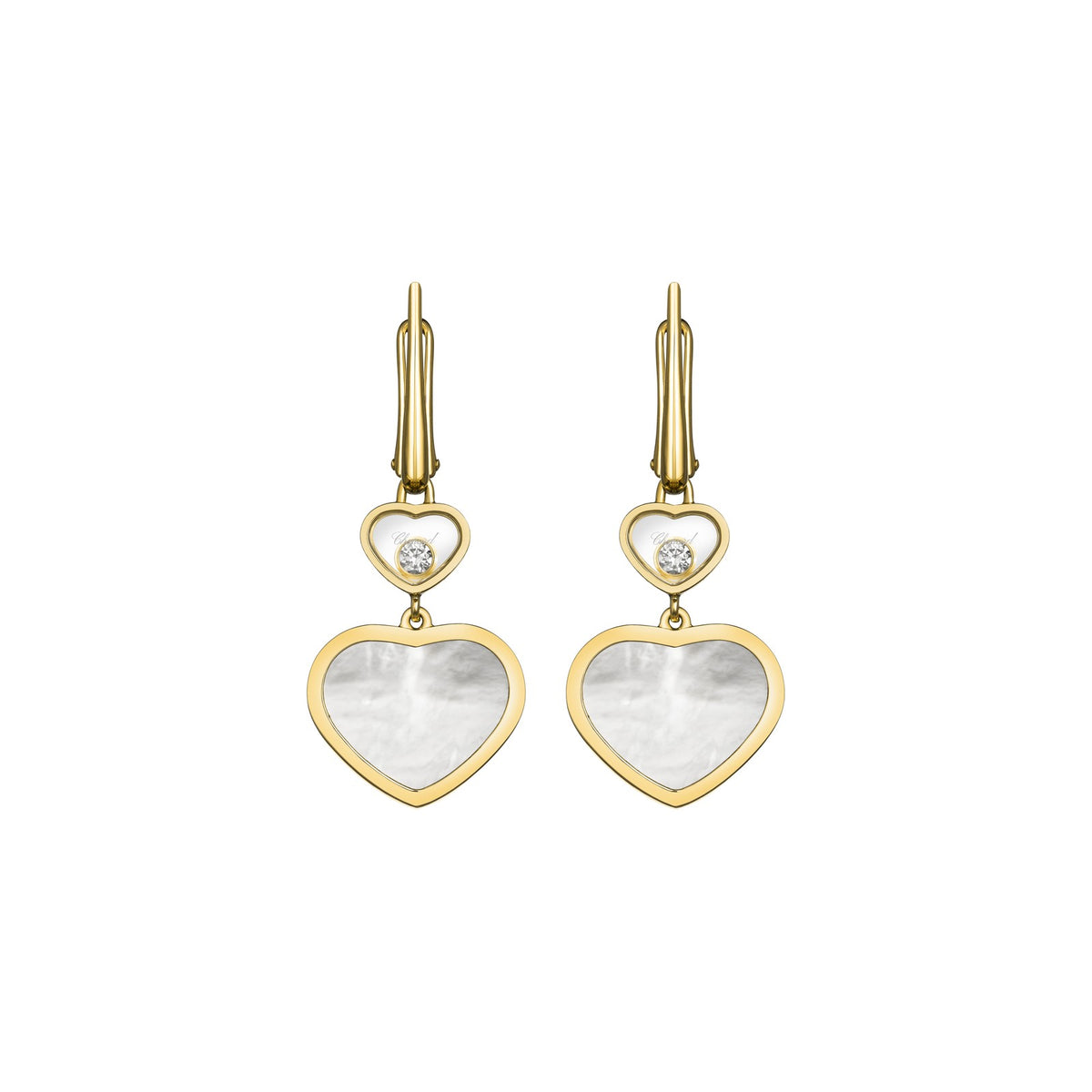 Chopard Happy Hearts earrings in 18k ethical yellow gold with moving diamonds and mother of pearl view 3