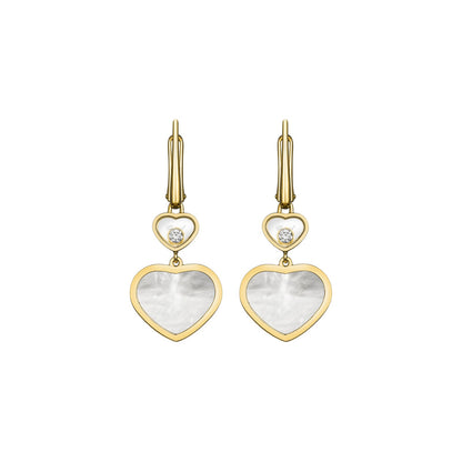 Chopard Happy Hearts earrings in 18k ethical yellow gold with moving diamonds and mother of pearl view 3