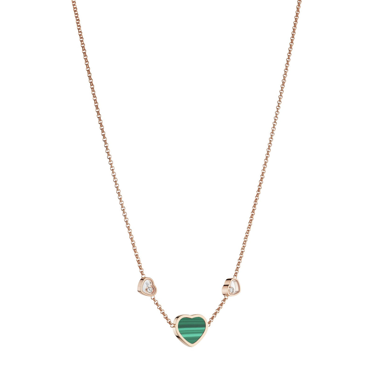 Chopard Happy Hearts necklace in 18k ethical rose gold with moving diamonds and malachite view 2