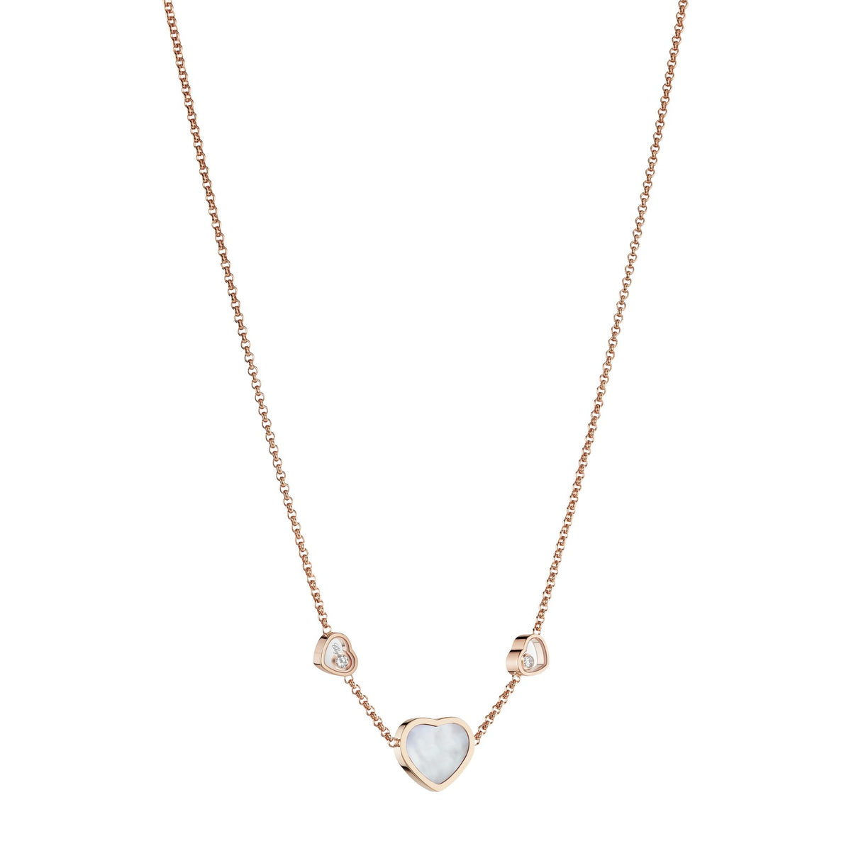 Chopard Happy Hearts necklace in 18k ethical rose gold with moving diamonds and mother of pearl view 2