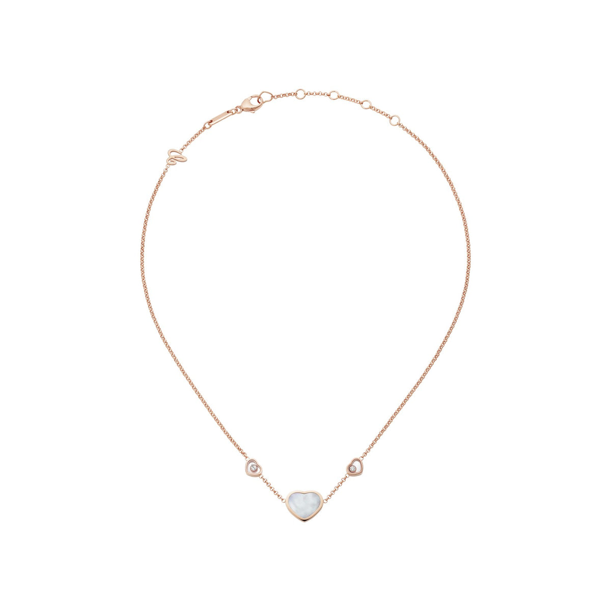 Chopard Happy Hearts necklace in 18k ethical rose gold with moving diamonds and mother of pearl view 3
