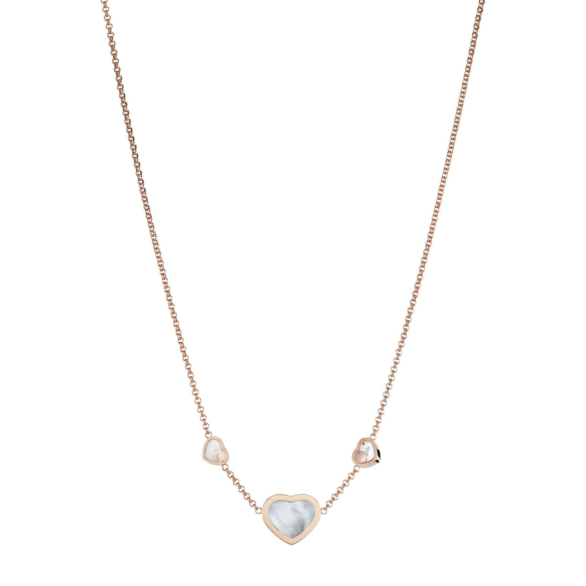 Chopard Happy Hearts necklace in 18k ethical rose gold with moving diamonds and mother of pearl view 4