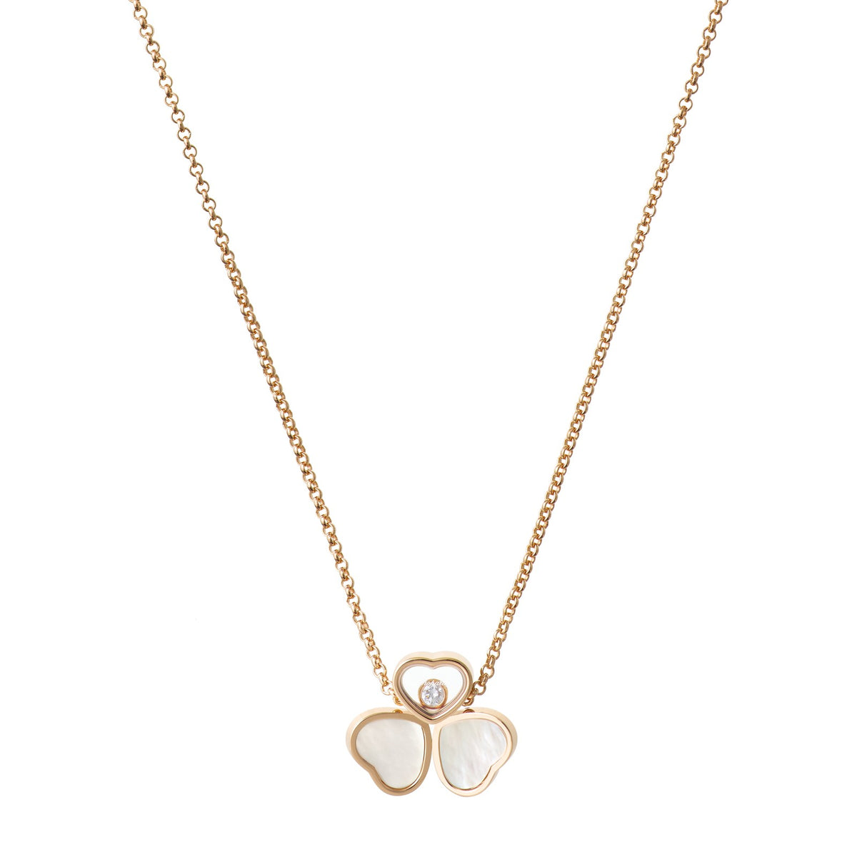 Chopard Happy Hearts necklace in 18k ethical rose gold with moving diamonds and mother of pearl