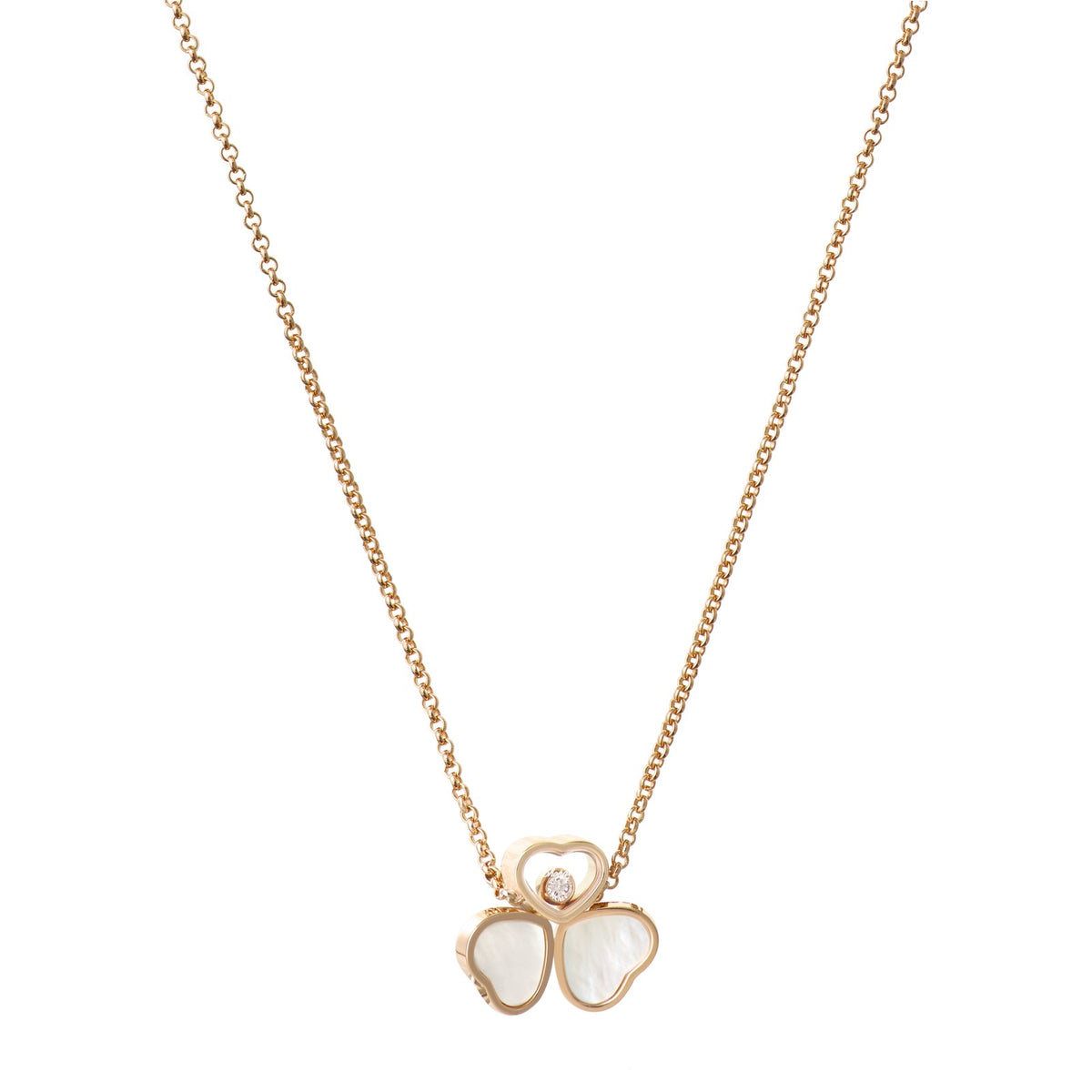 Chopard Happy Hearts necklace in 18k ethical rose gold with moving diamonds and mother of pearl view 2