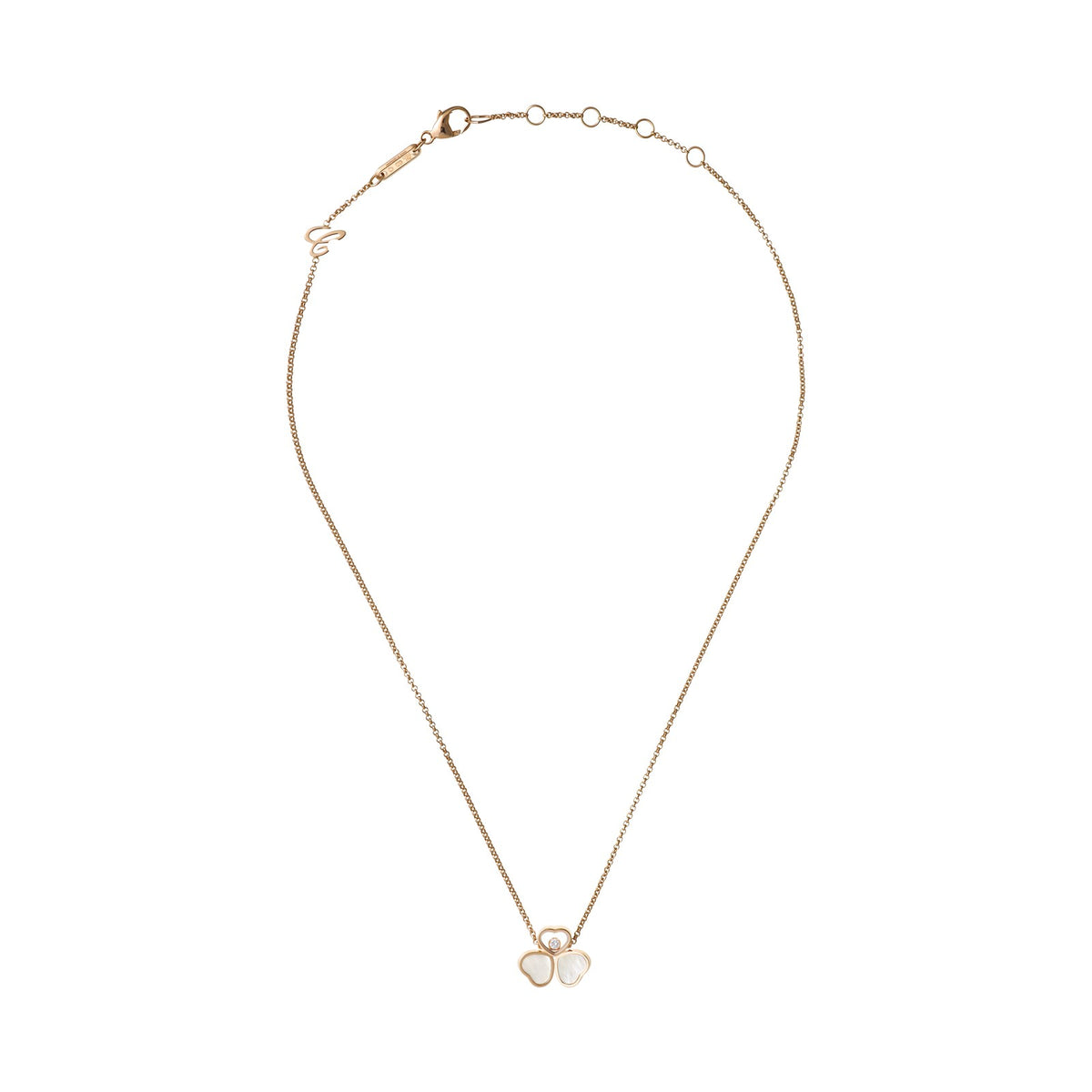 Chopard Happy Hearts necklace in 18k ethical rose gold with moving diamonds and mother of pearl view 3