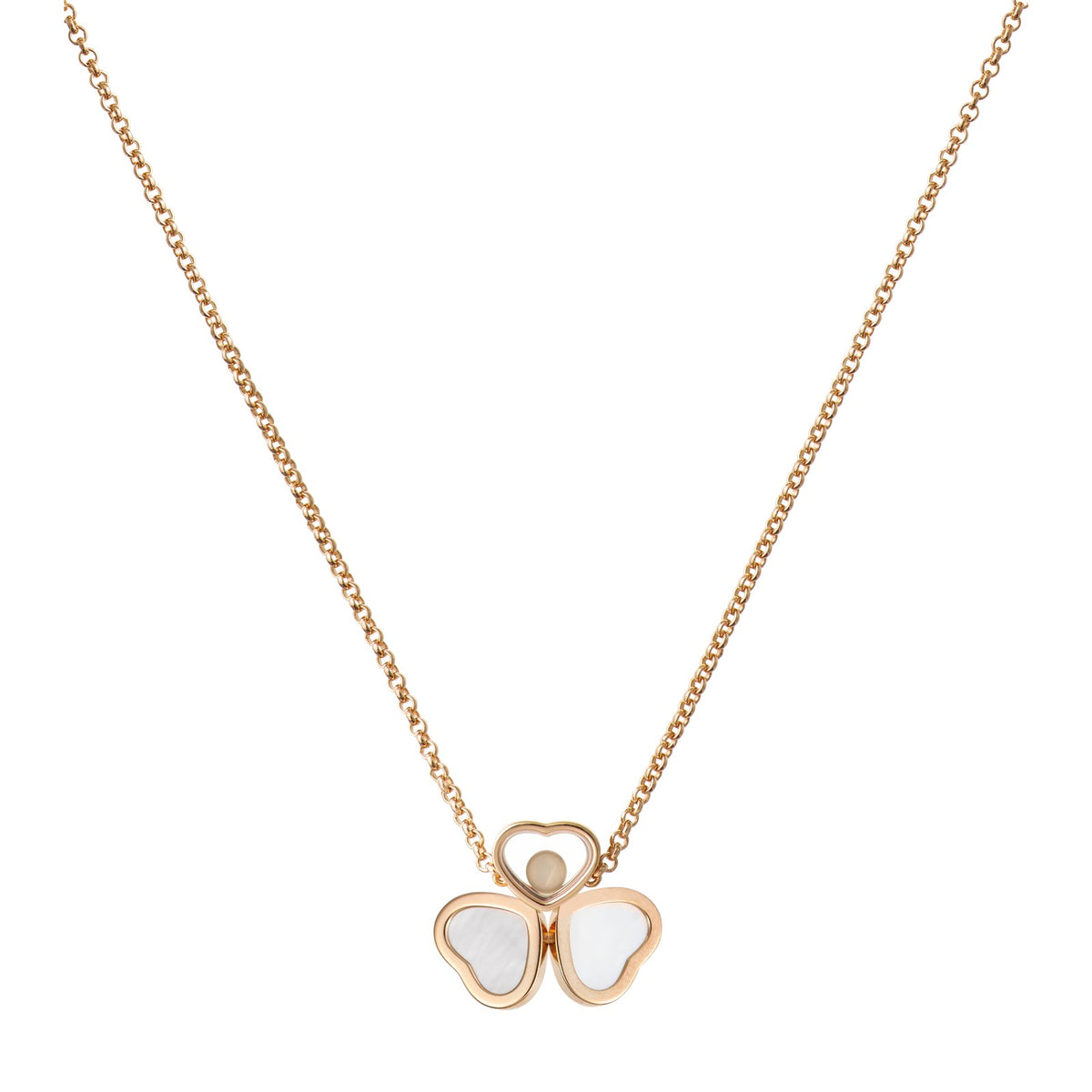 Chopard Happy Hearts necklace in 18k ethical rose gold with moving diamonds and mother of pearl view 4