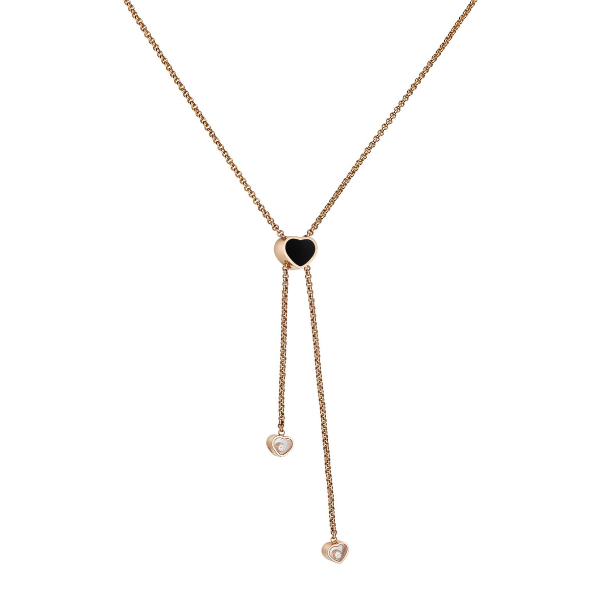 Chopard Happy Hearts necklace in 18k ethical rose gold with moving diamonds and onyx view 2