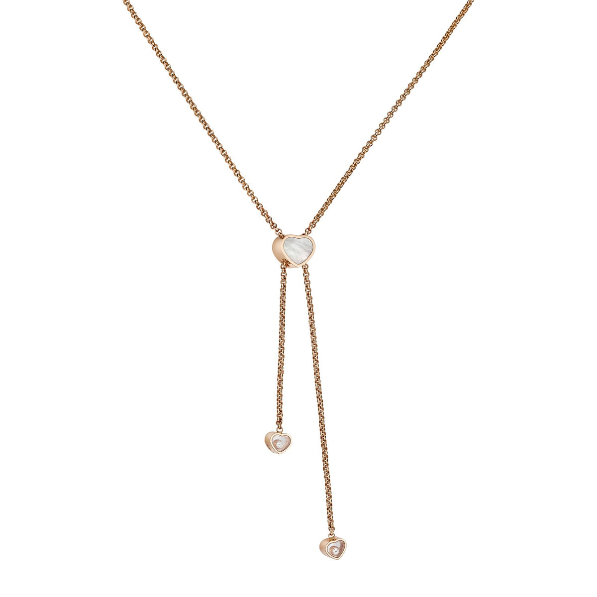 Chopard Happy Hearts necklace in 18k ethical rose gold with moving diamonds and mother of pearl view 2
