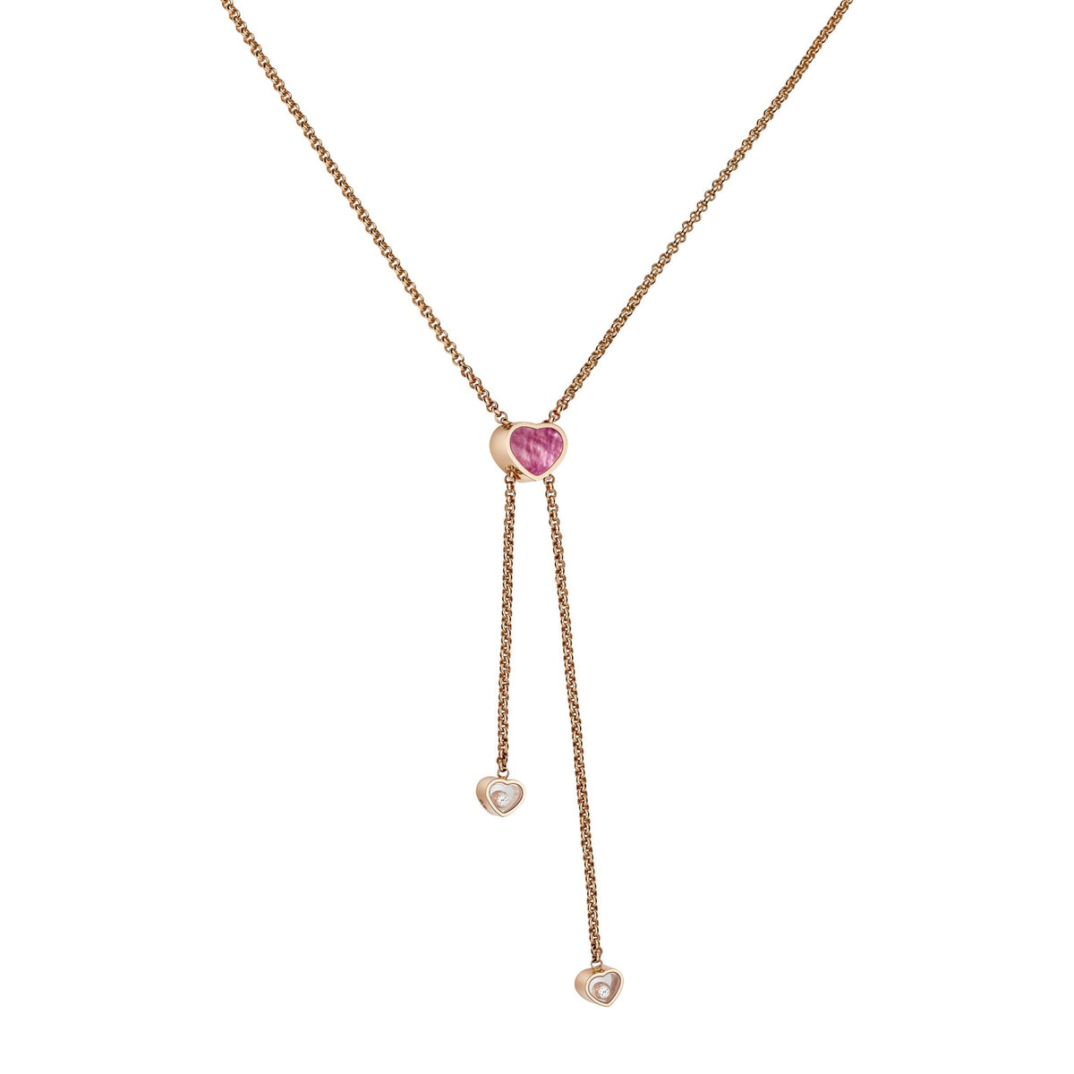 Chopard Happy Hearts necklace in 18k ethical rose gold with moving diamonds and mother of pearl view 2