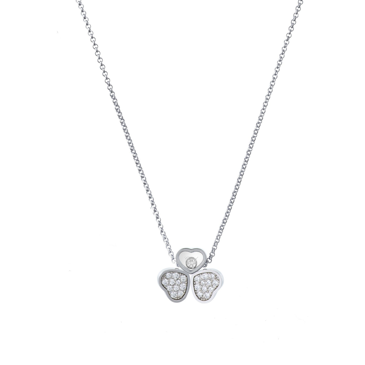Chopard Happy Hearts necklace in 18k ethical white gold with moving diamonds view 2