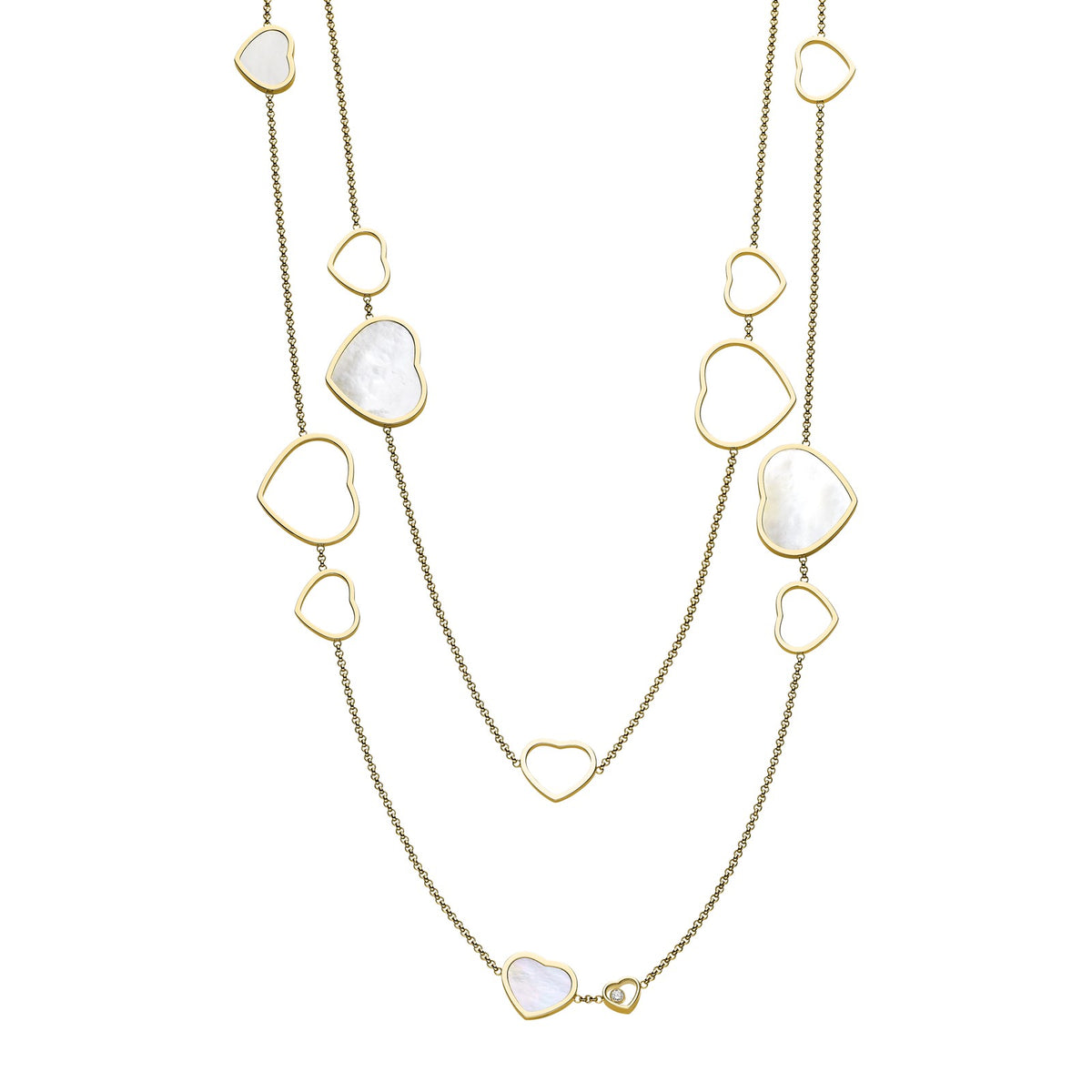 Chopard Happy Hearts necklace in 18k ethical yellow gold with moving diamonds and mother of pearl