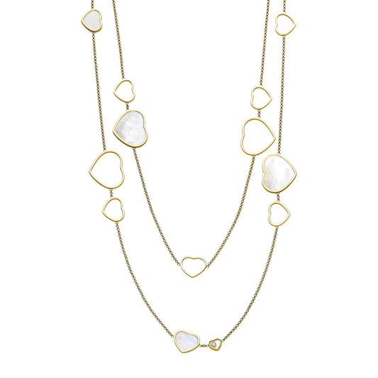 Chopard Happy Hearts necklace in 18k ethical yellow gold with moving diamonds and mother of pearl