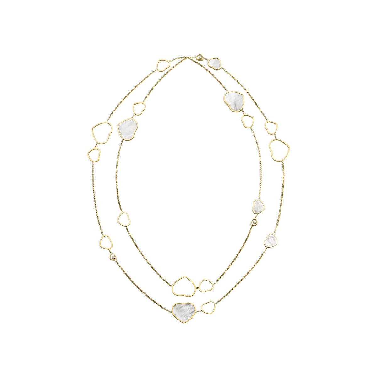 Chopard Happy Hearts necklace in 18k ethical yellow gold with moving diamonds and mother of pearl view 2