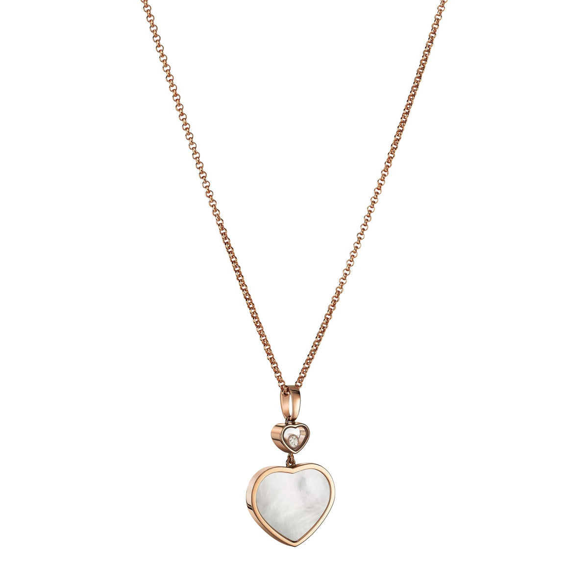 Chopard Happy Hearts pendant in 18k ethical rose gold with moving diamonds and mother of pearl view 2