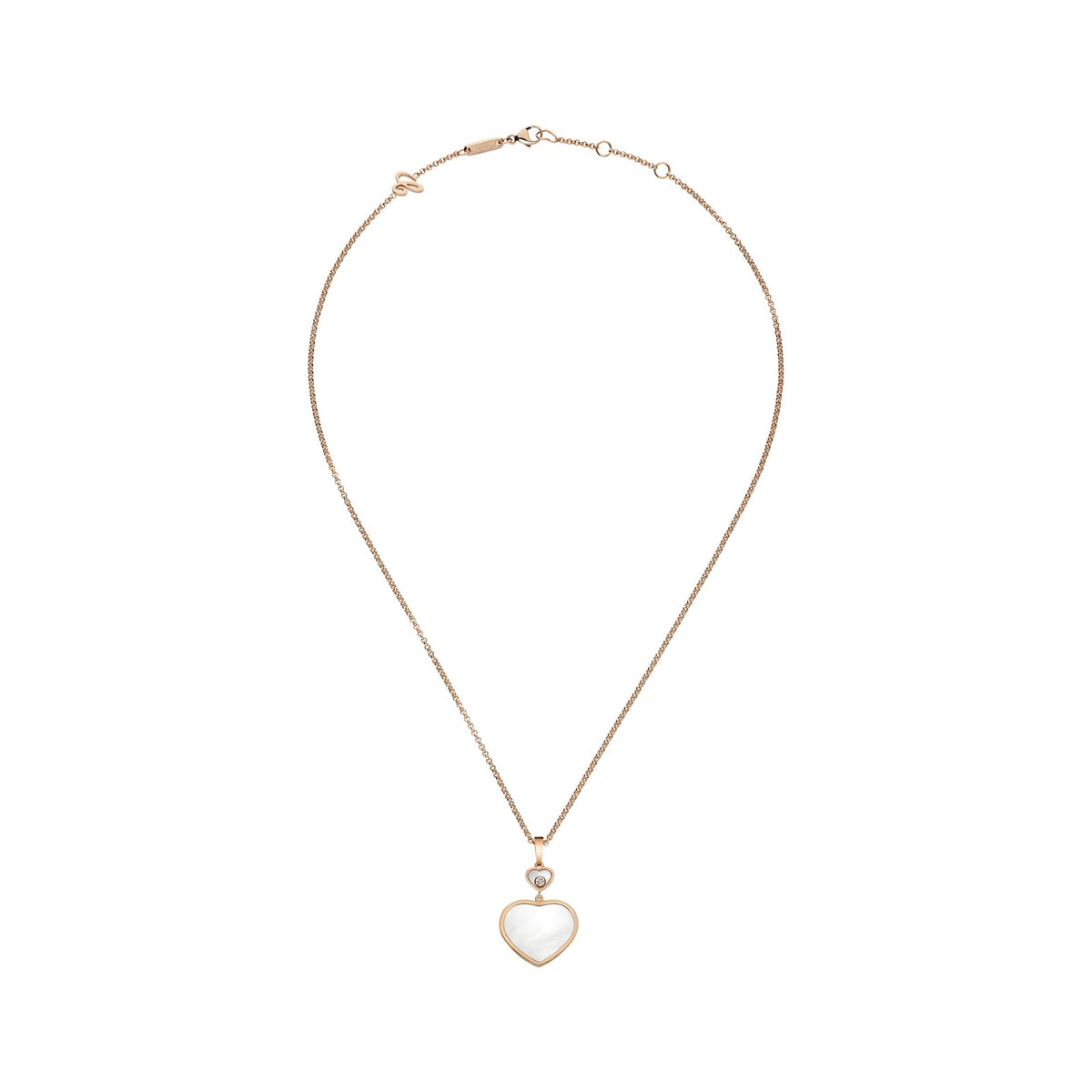 Chopard Happy Hearts pendant in 18k ethical rose gold with moving diamonds and mother of pearl view 3