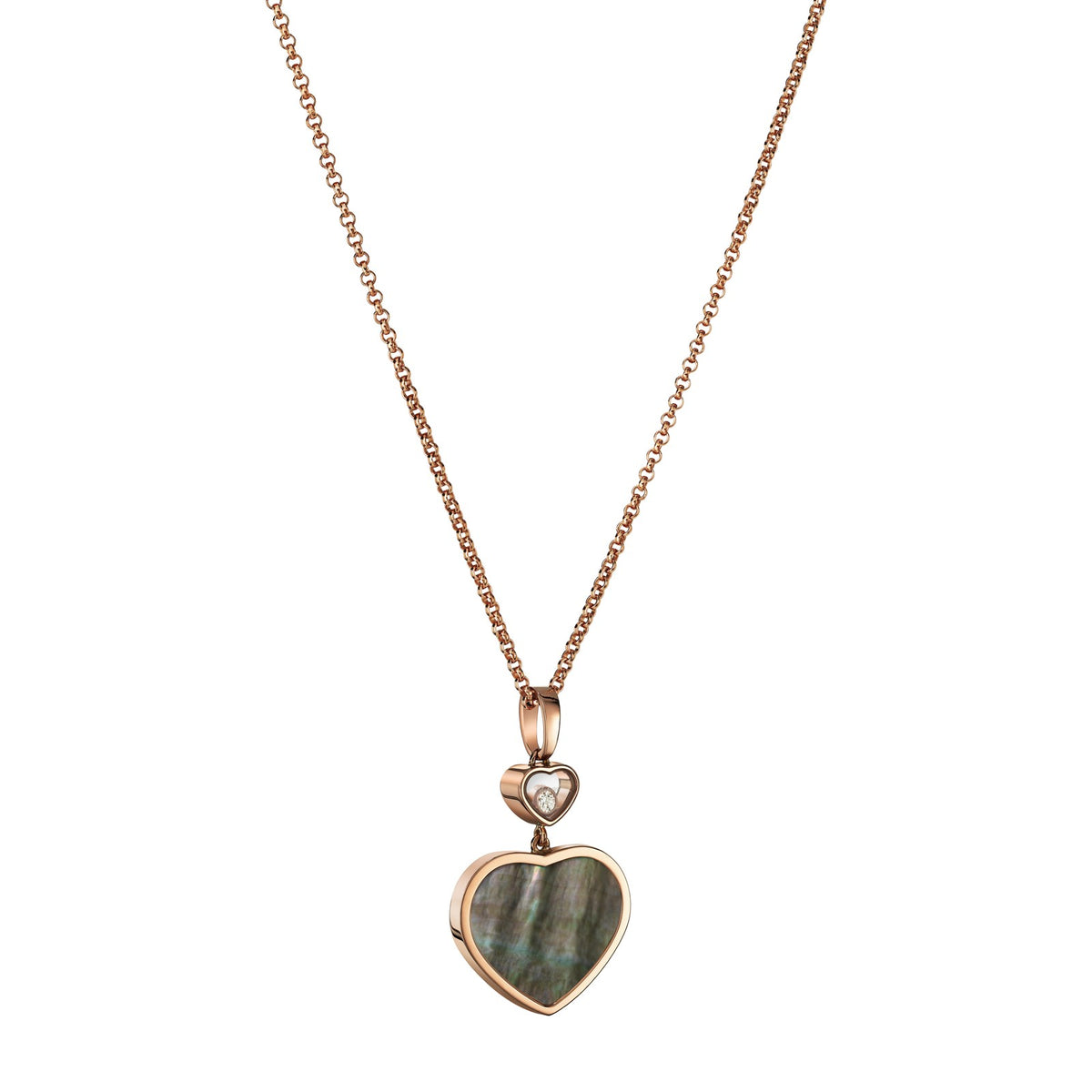 Chopard Happy Hearts pendant in 18k ethical rose gold with moving diamonds and mother of pearl view 2