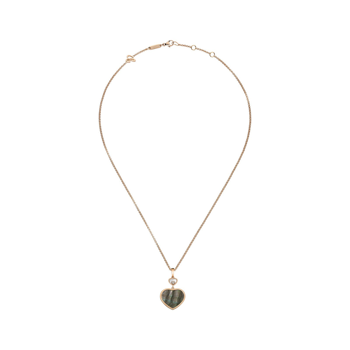 Chopard Happy Hearts pendant in 18k ethical rose gold with moving diamonds and mother of pearl view 3