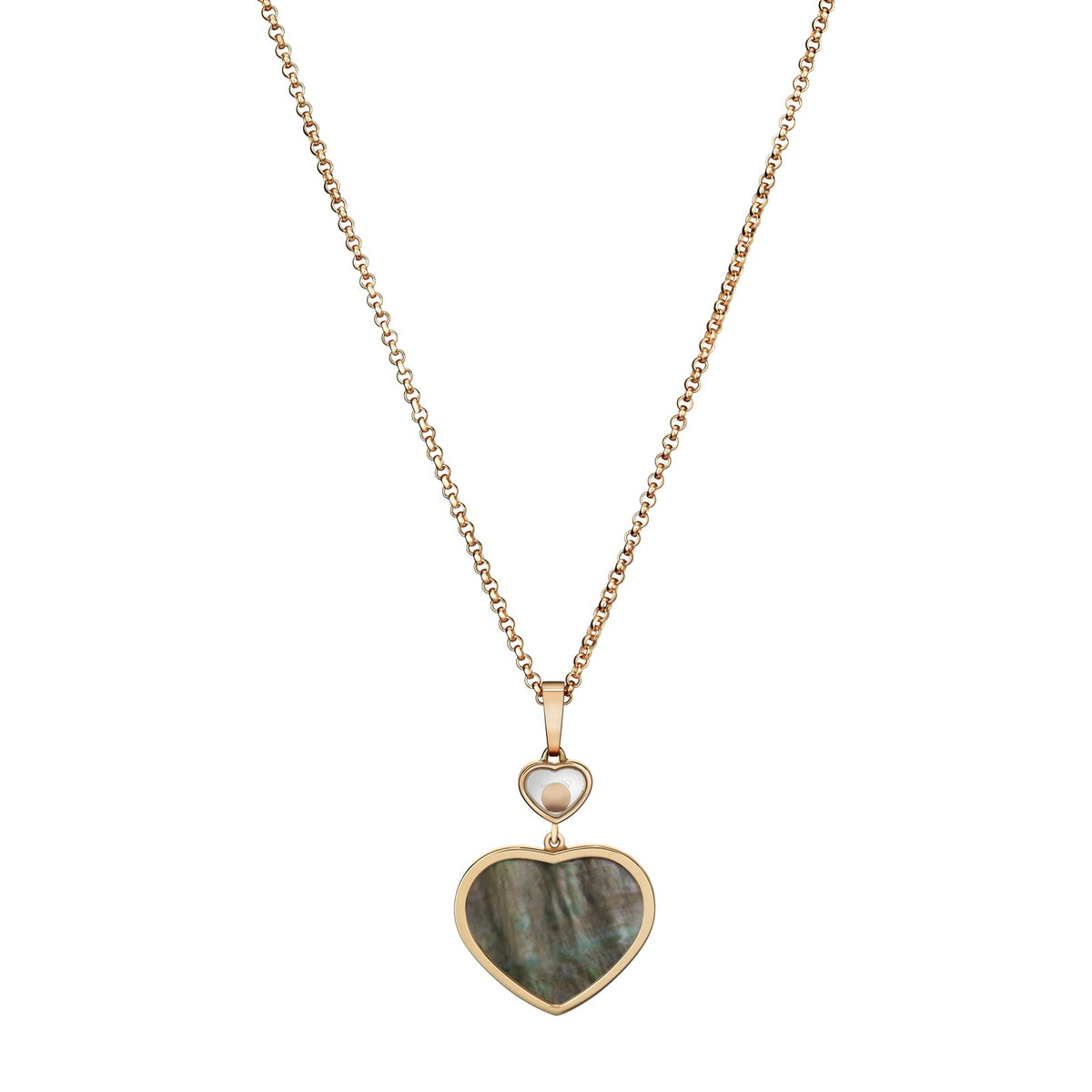 Chopard Happy Hearts pendant in 18k ethical rose gold with moving diamonds and mother of pearl view 4