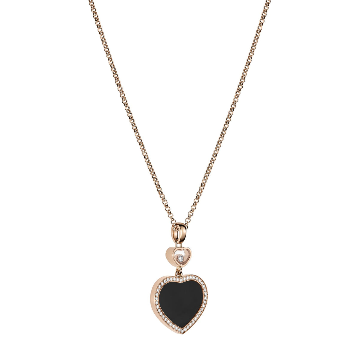 Chopard Happy Hearts pendant in 18k ethical rose gold with moving diamonds and onyx, view 2