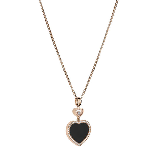 Chopard Happy Hearts pendant in 18k ethical rose gold with moving diamonds and onyx, view 2