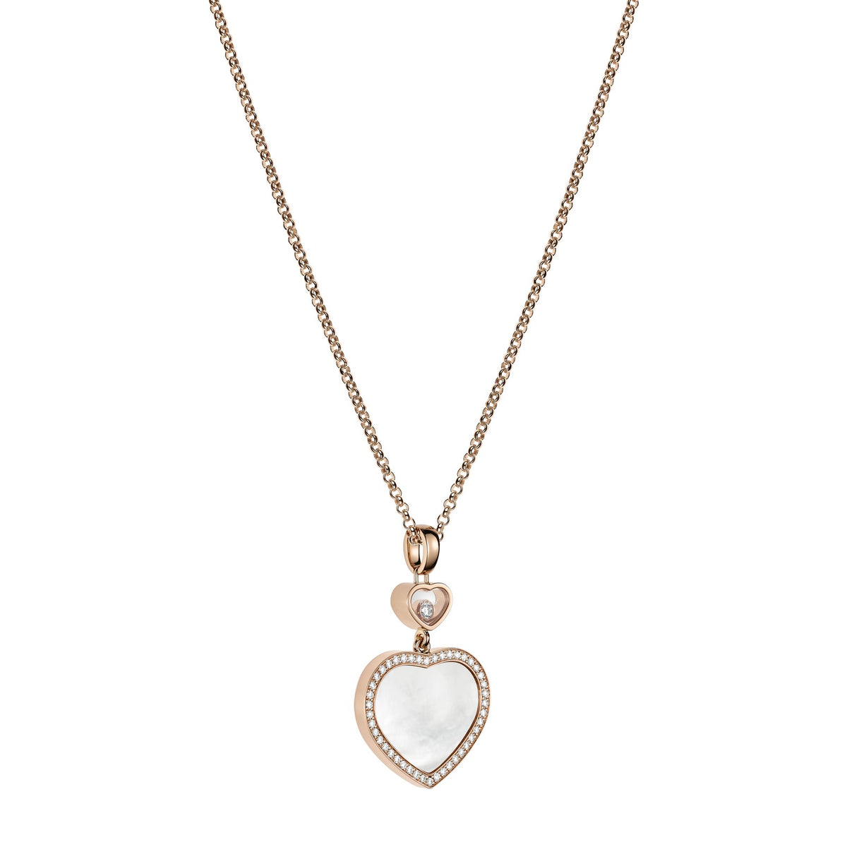 Chopard Happy Hearts pendant in 18k ethical rose gold with moving diamonds and mother of pearl, view 2