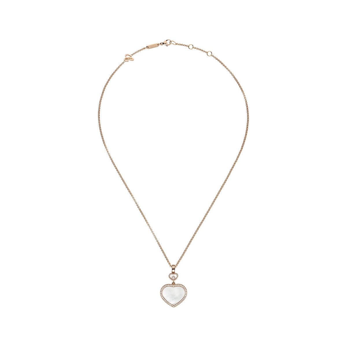 Chopard Happy Hearts pendant in 18k ethical rose gold with moving diamonds and mother of pearl, view 3
