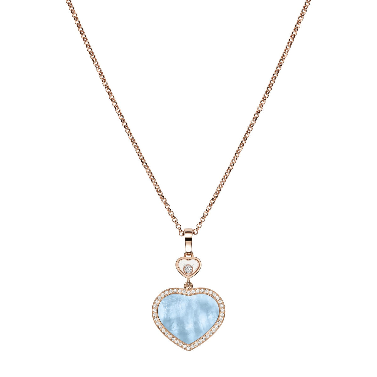 Chopard Happy Hearts pendant in 18k ethical rose gold with moving diamonds, mother of pearl and turquoise