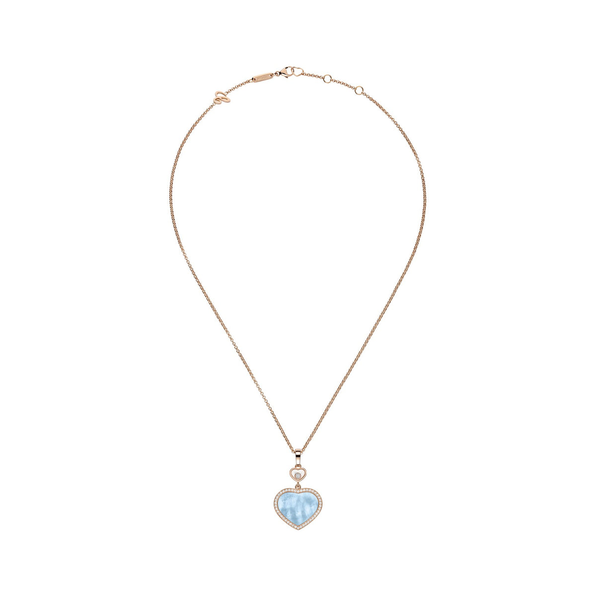 Chopard Happy Hearts pendant in 18k ethical rose gold with moving diamonds, mother of pearl and turquoise, view 3