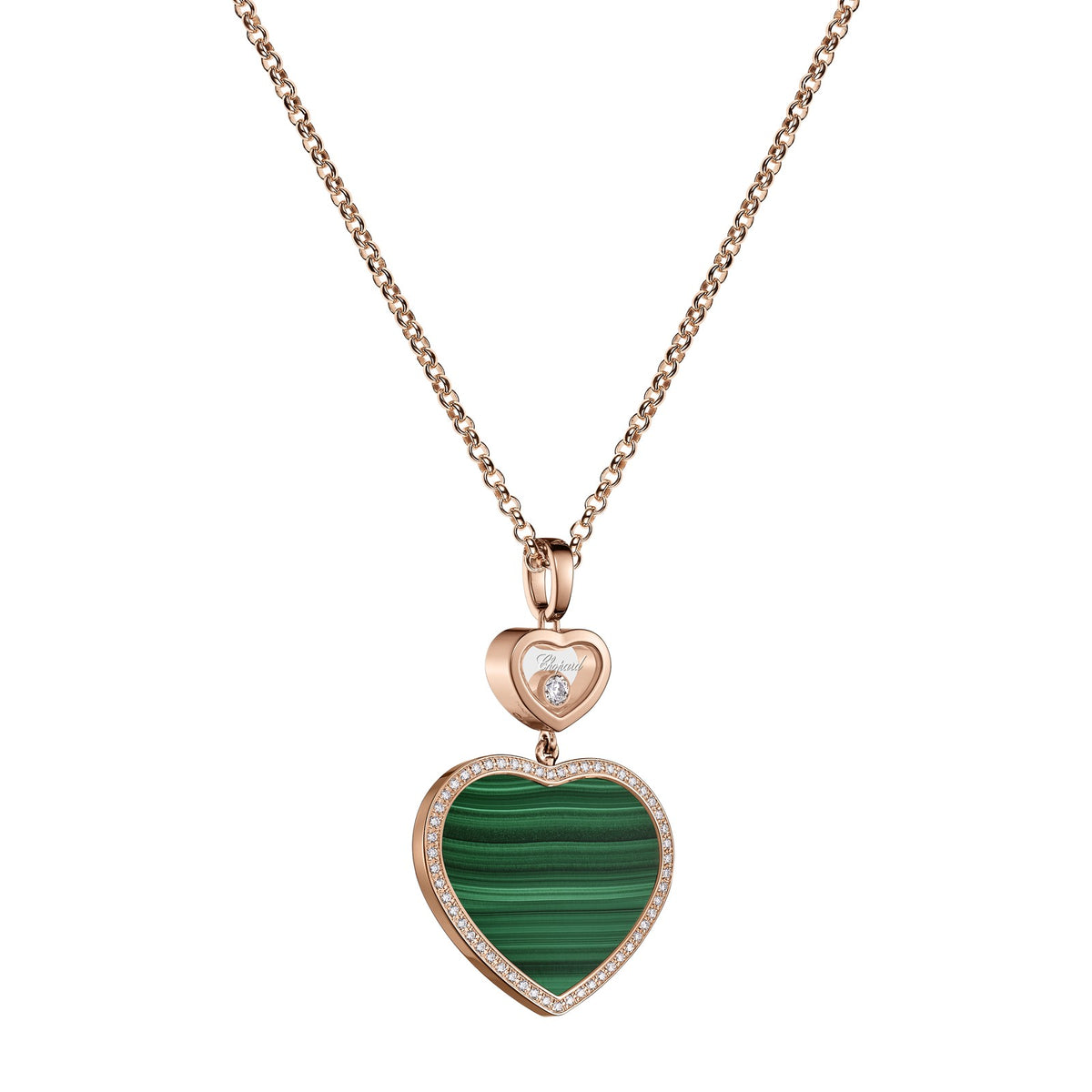 Chopard Happy Hearts pendant in 18k ethical rose gold with moving diamonds and malachite, view 2