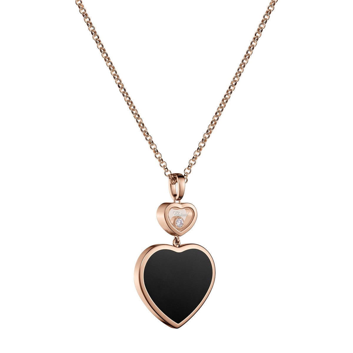 Chopard Happy Hearts pendant in 18k ethical rose gold with moving diamonds and onyx, view 2