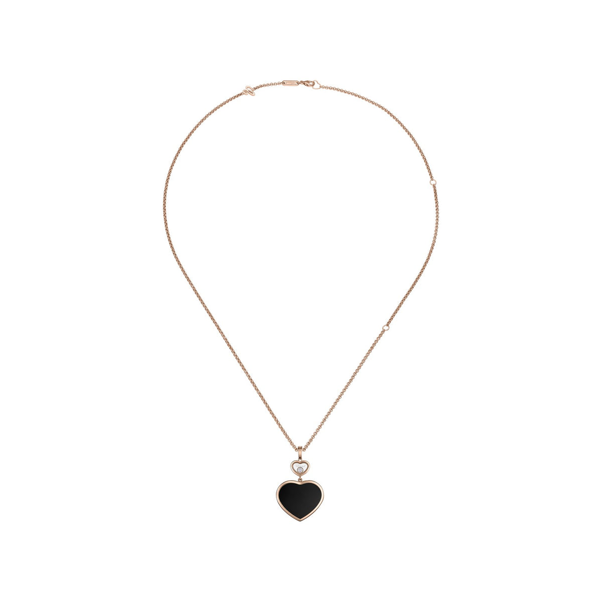 Chopard Happy Hearts pendant in 18k ethical rose gold with moving diamonds and onyx, view 3