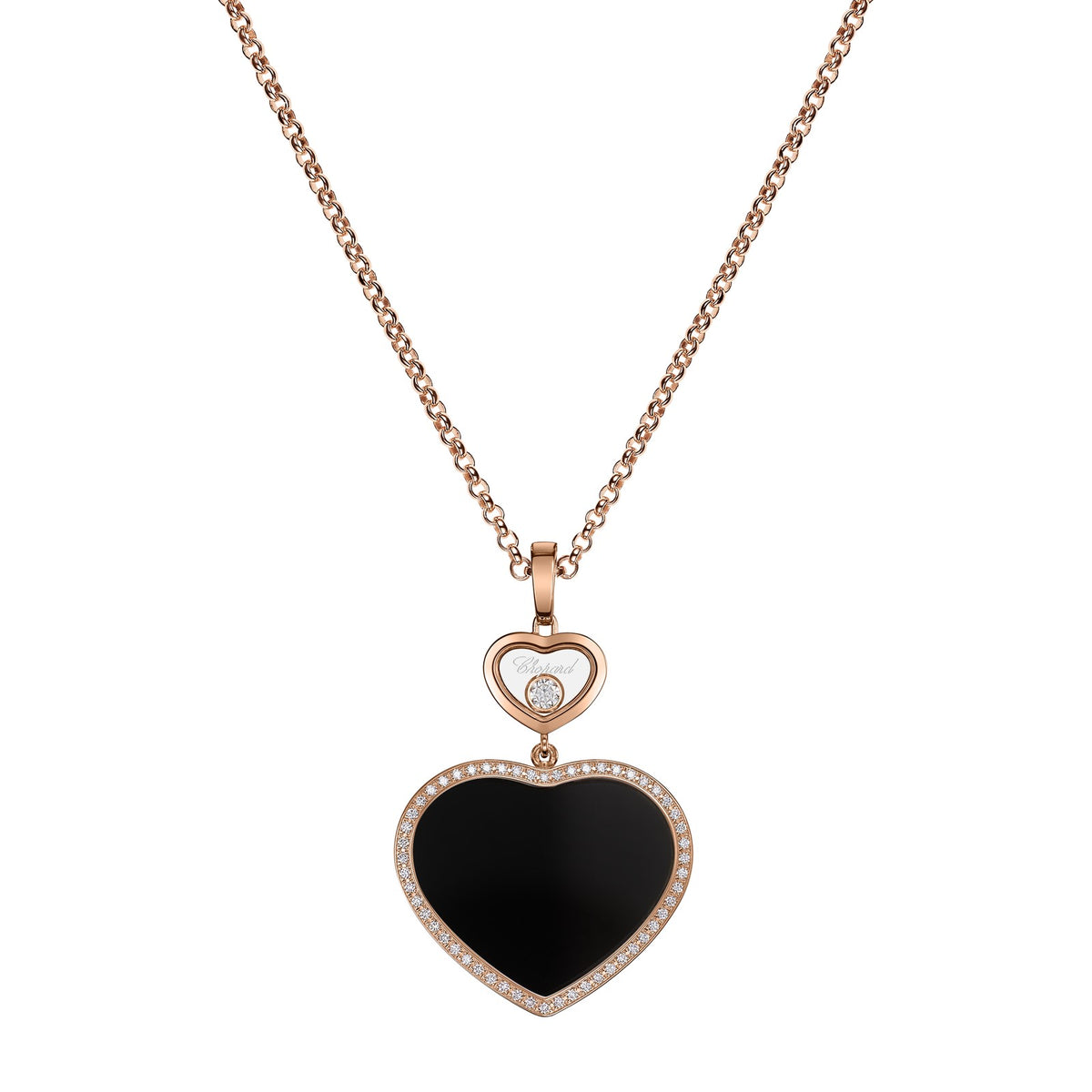 Chopard Happy Hearts pendant in 18k ethical rose gold with moving diamonds and onyx