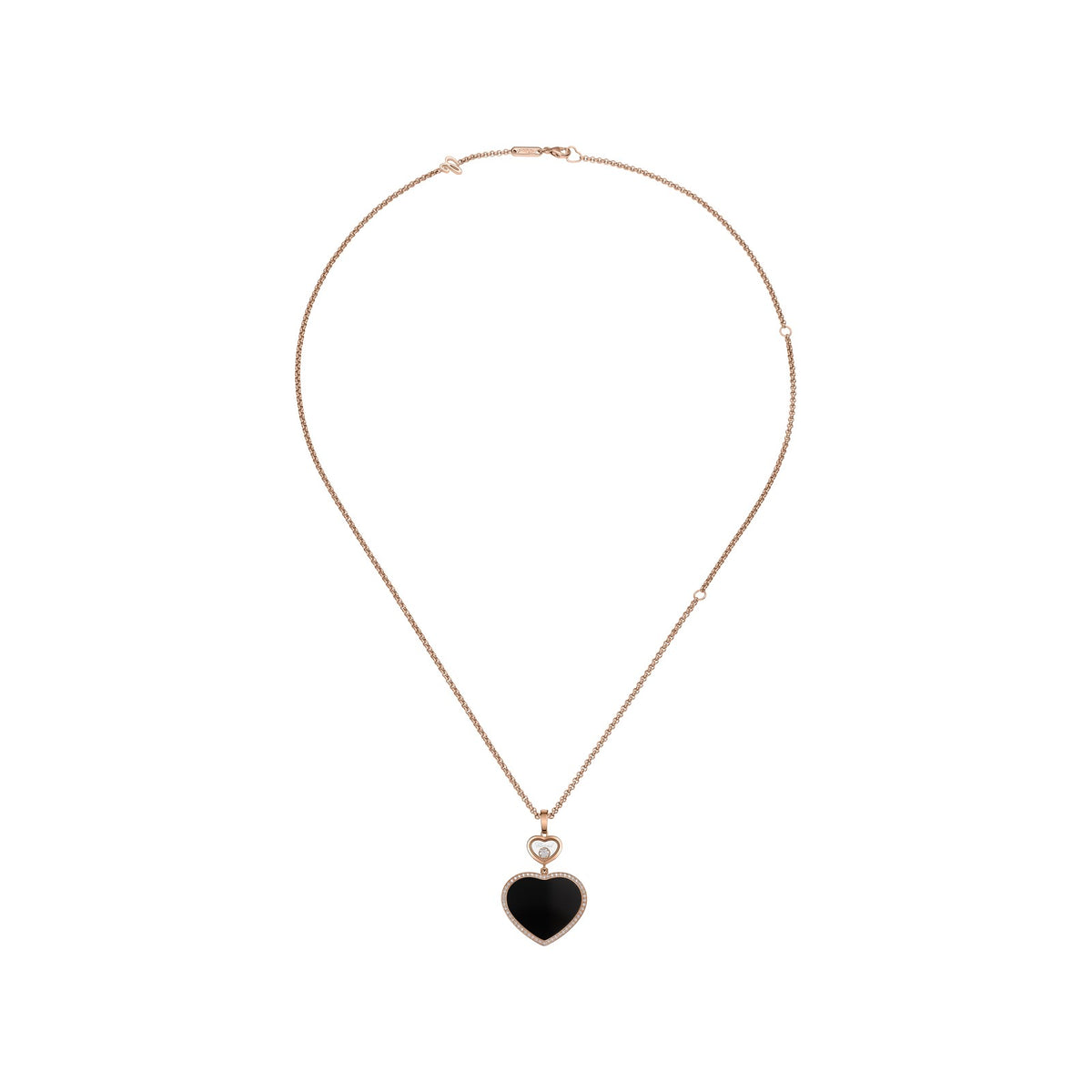 Chopard Happy Hearts pendant in 18k ethical rose gold with moving diamonds and onyx, view 3