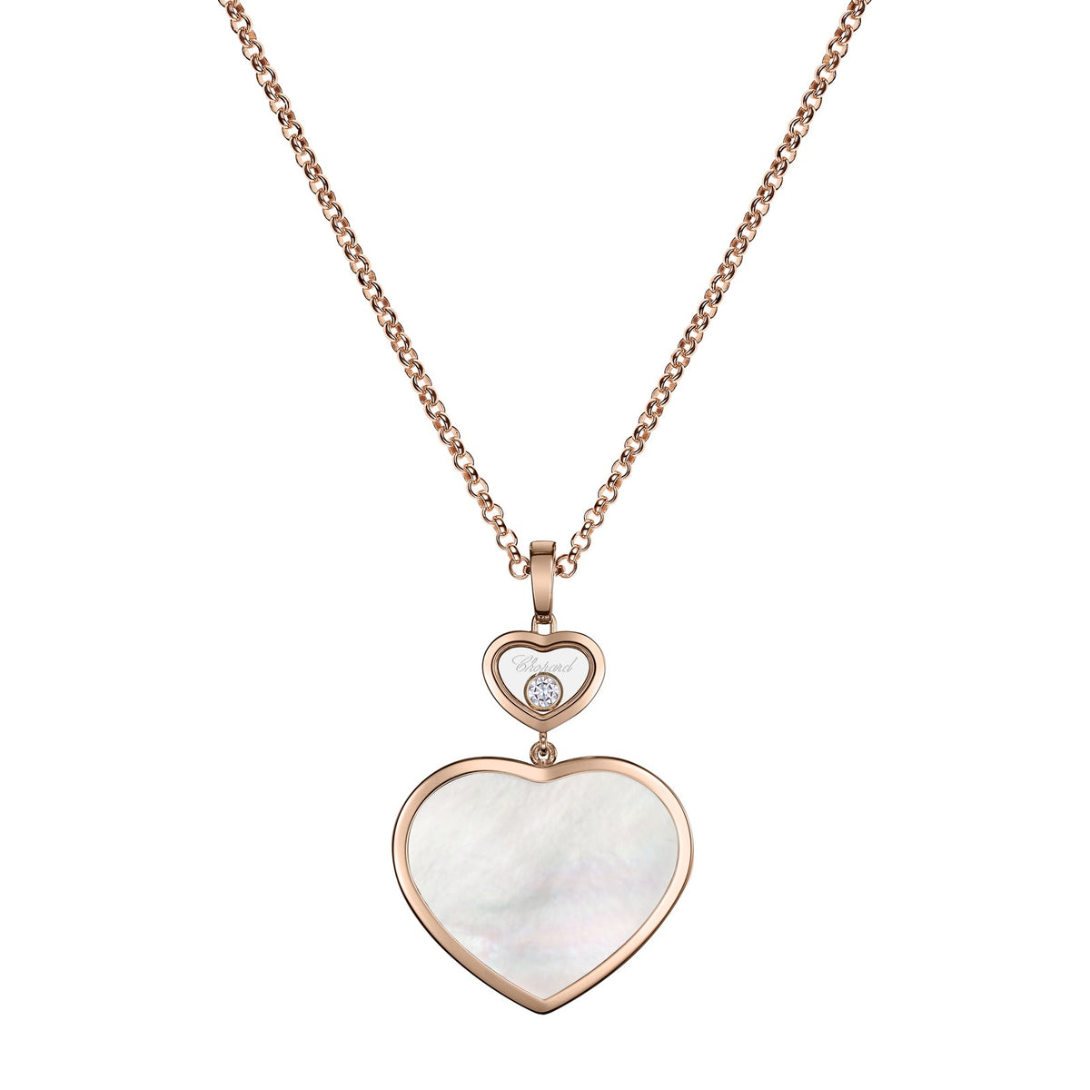 Chopard Happy Hearts pendant in 18k ethical rose gold with moving diamonds and mother of pearl
