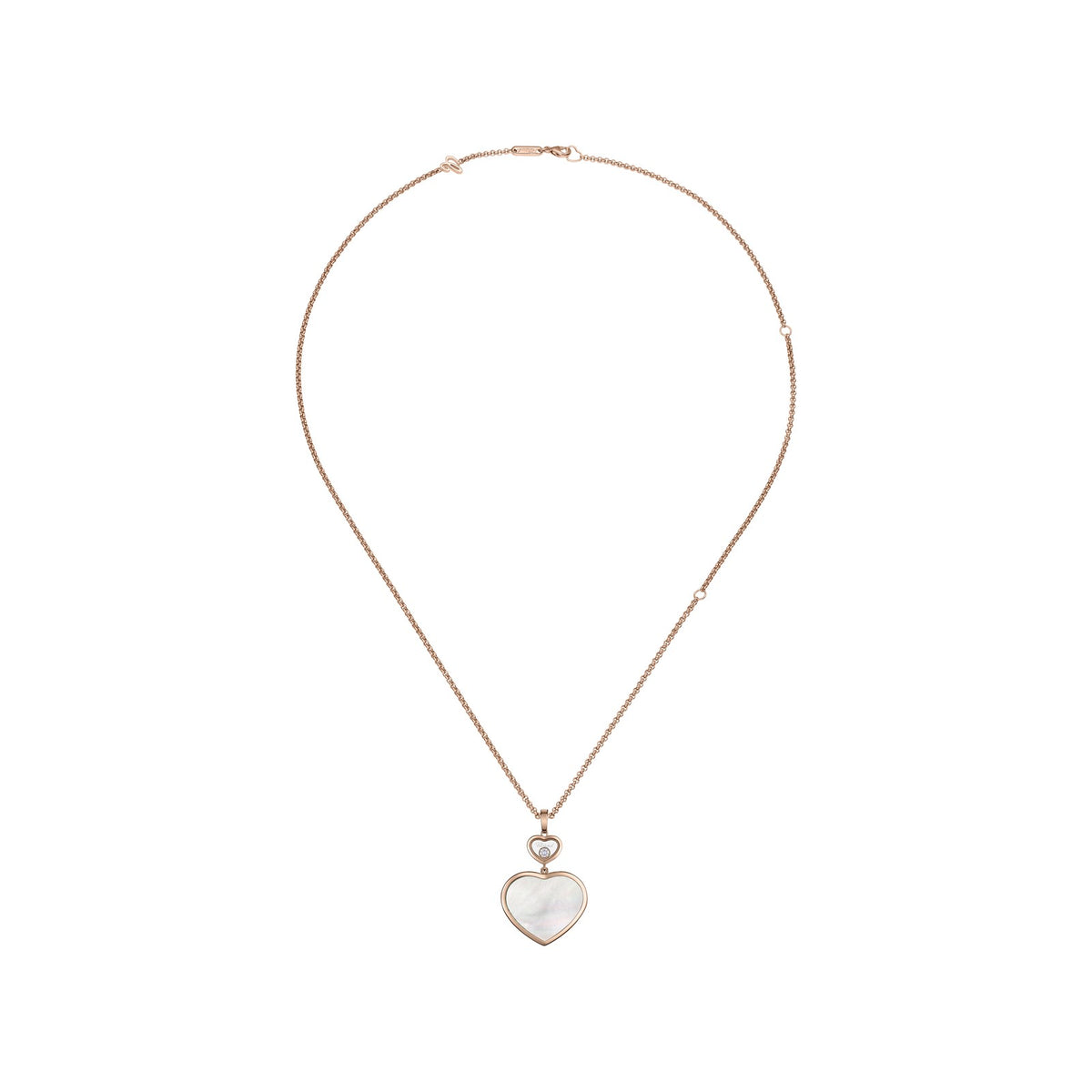 Chopard Happy Hearts pendant in 18k ethical rose gold with moving diamonds and mother of pearl, view 3