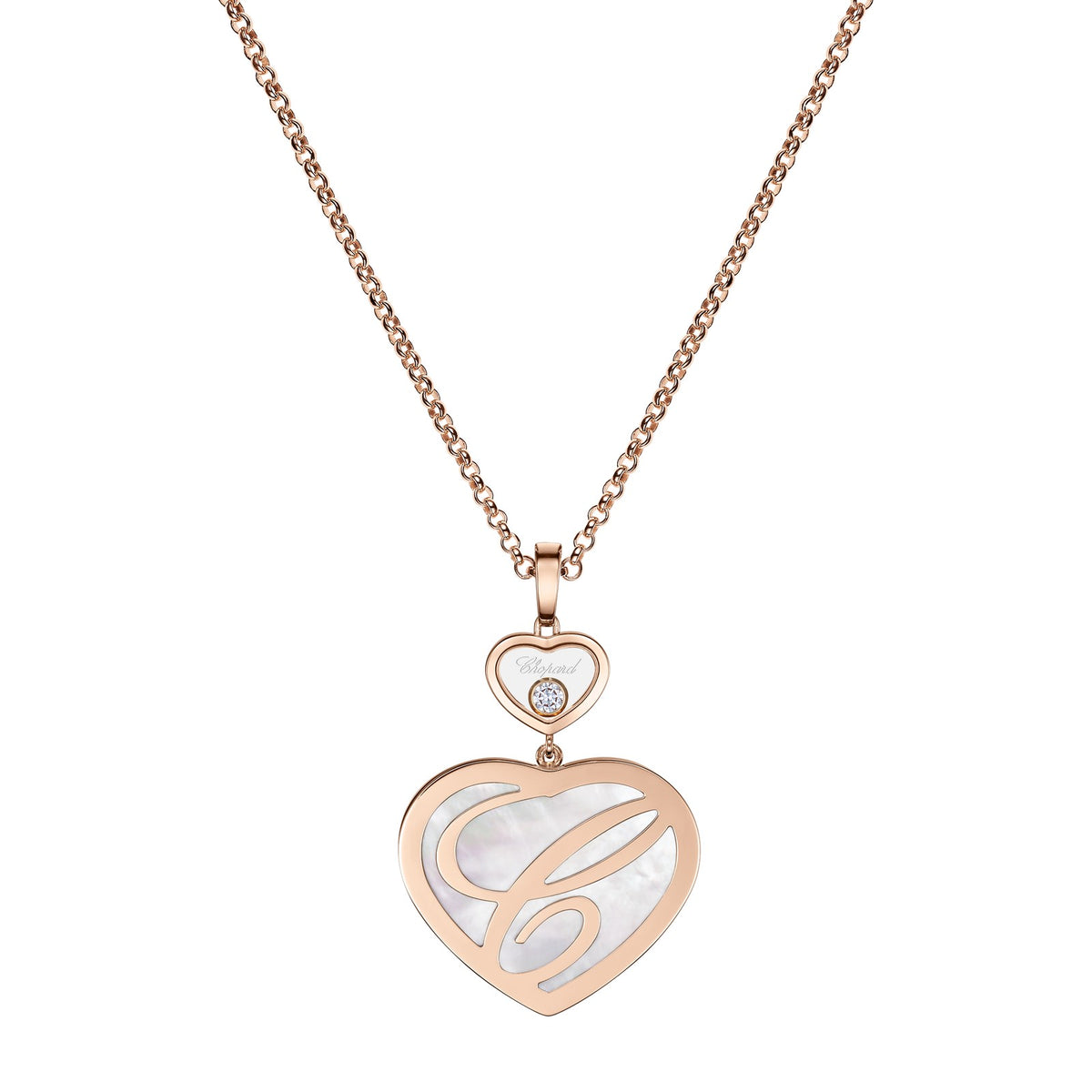 Chopard Happy Hearts pendant in 18k ethical rose gold with moving diamonds and mother of pearl, view 4