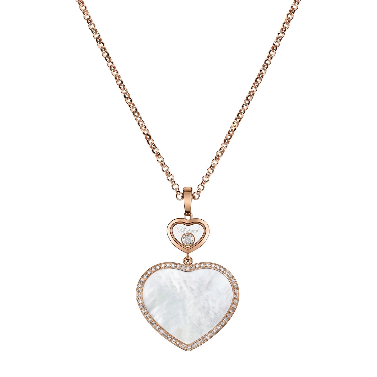 Chopard Happy Hearts pendant in 18k ethical rose gold with moving diamonds and mother of pearl