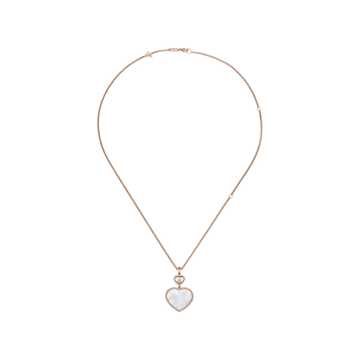 Chopard Happy Hearts pendant in 18k ethical rose gold with moving diamonds and mother of pearl, view 3
