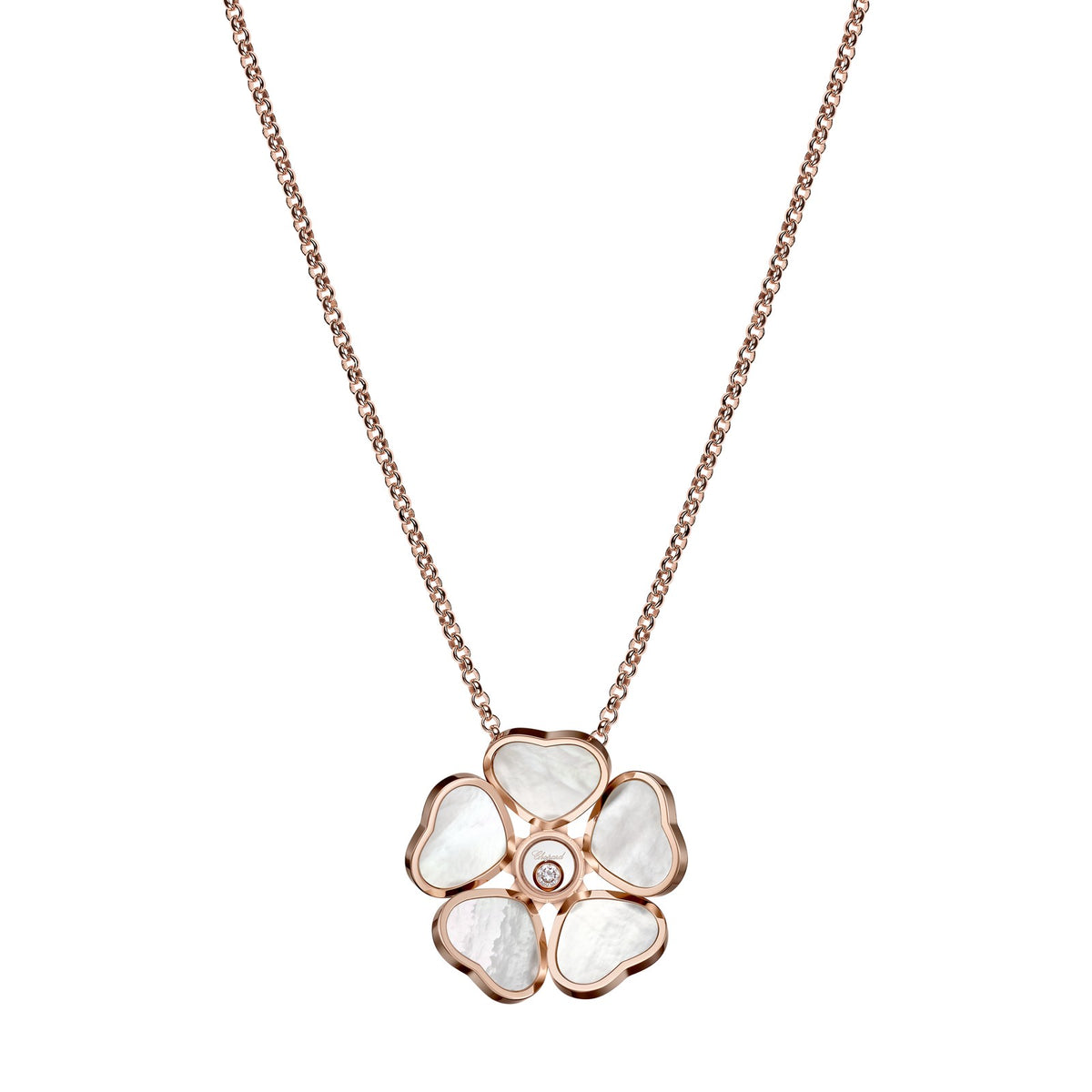 Chopard Happy Hearts pendant in 18k ethical rose gold with moving diamonds and mother of pearl