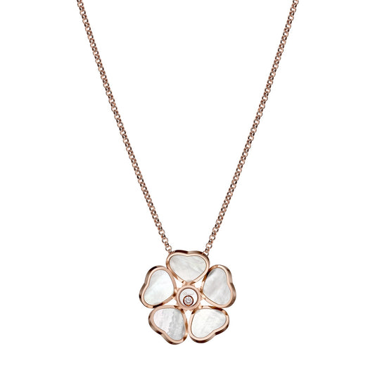 Chopard Happy Hearts pendant in 18k ethical rose gold with moving diamonds and mother of pearl