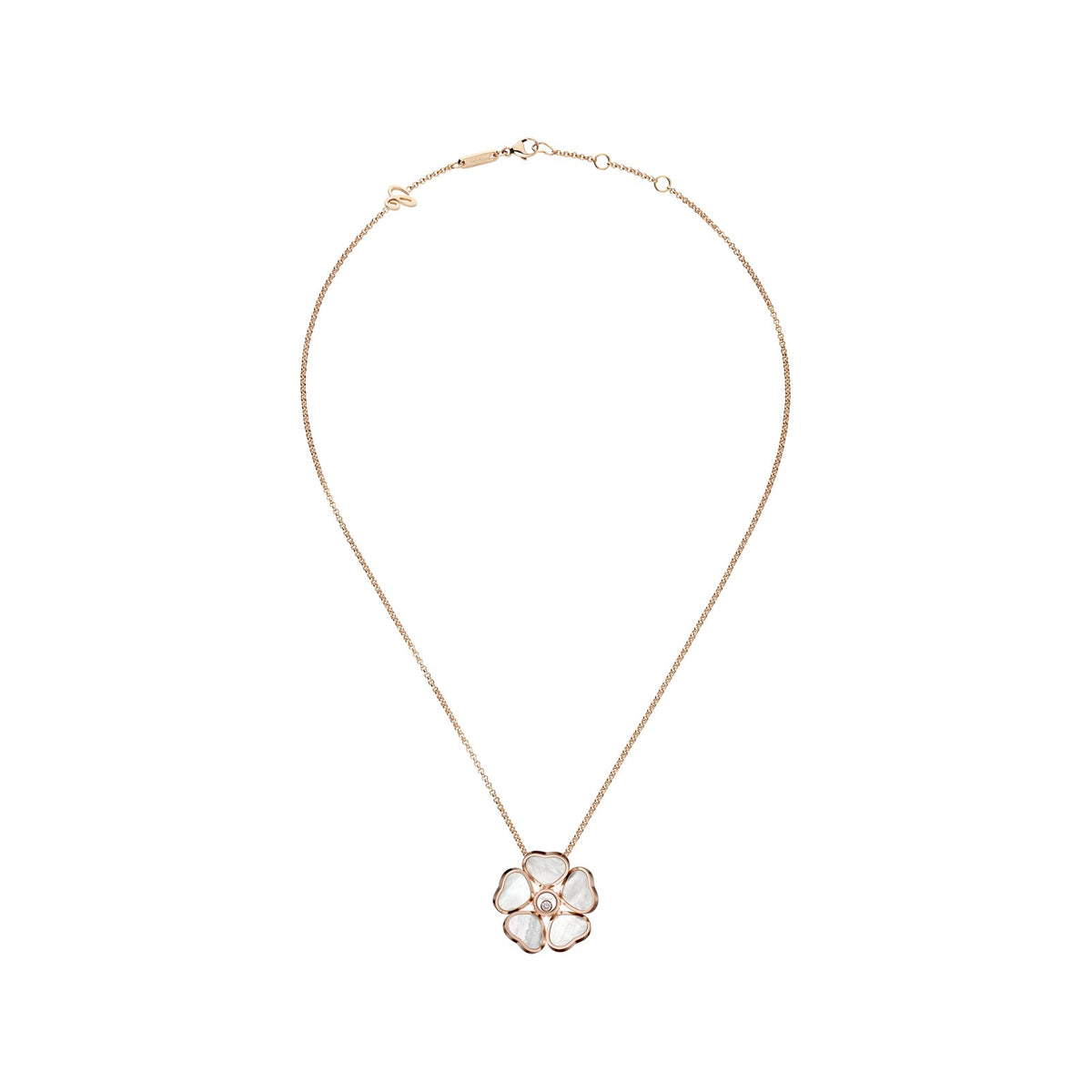 Chopard Happy Hearts pendant in 18k ethical rose gold with moving diamonds and mother of pearl, view 3