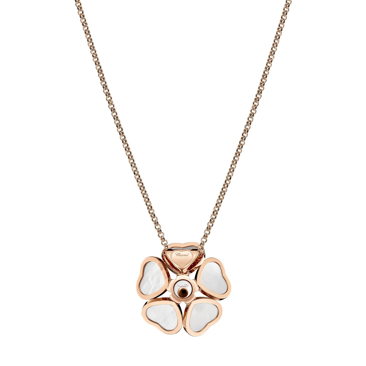 Chopard Happy Hearts pendant in 18k ethical rose gold with moving diamonds and mother of pearl, view 4