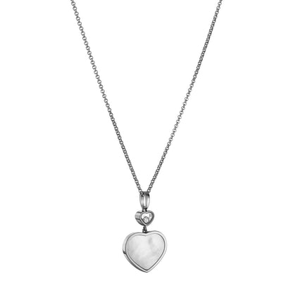 Chopard Happy Hearts pendant in 18k ethical white gold with moving diamonds and mother of pearl, view 2