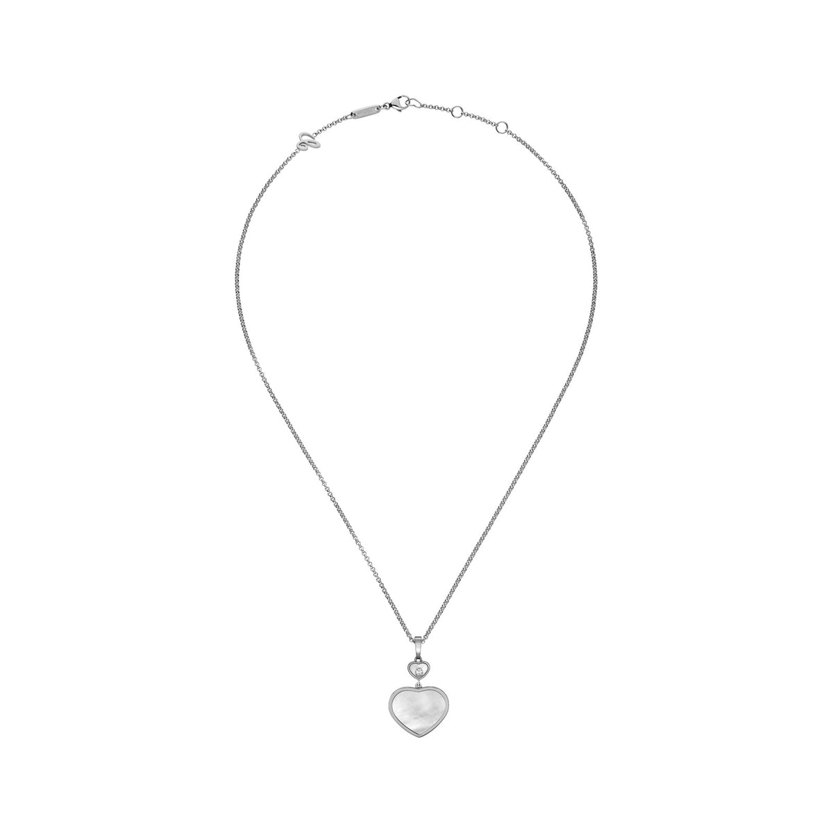 Chopard Happy Hearts pendant in 18k ethical white gold with moving diamonds and mother of pearl, view 3