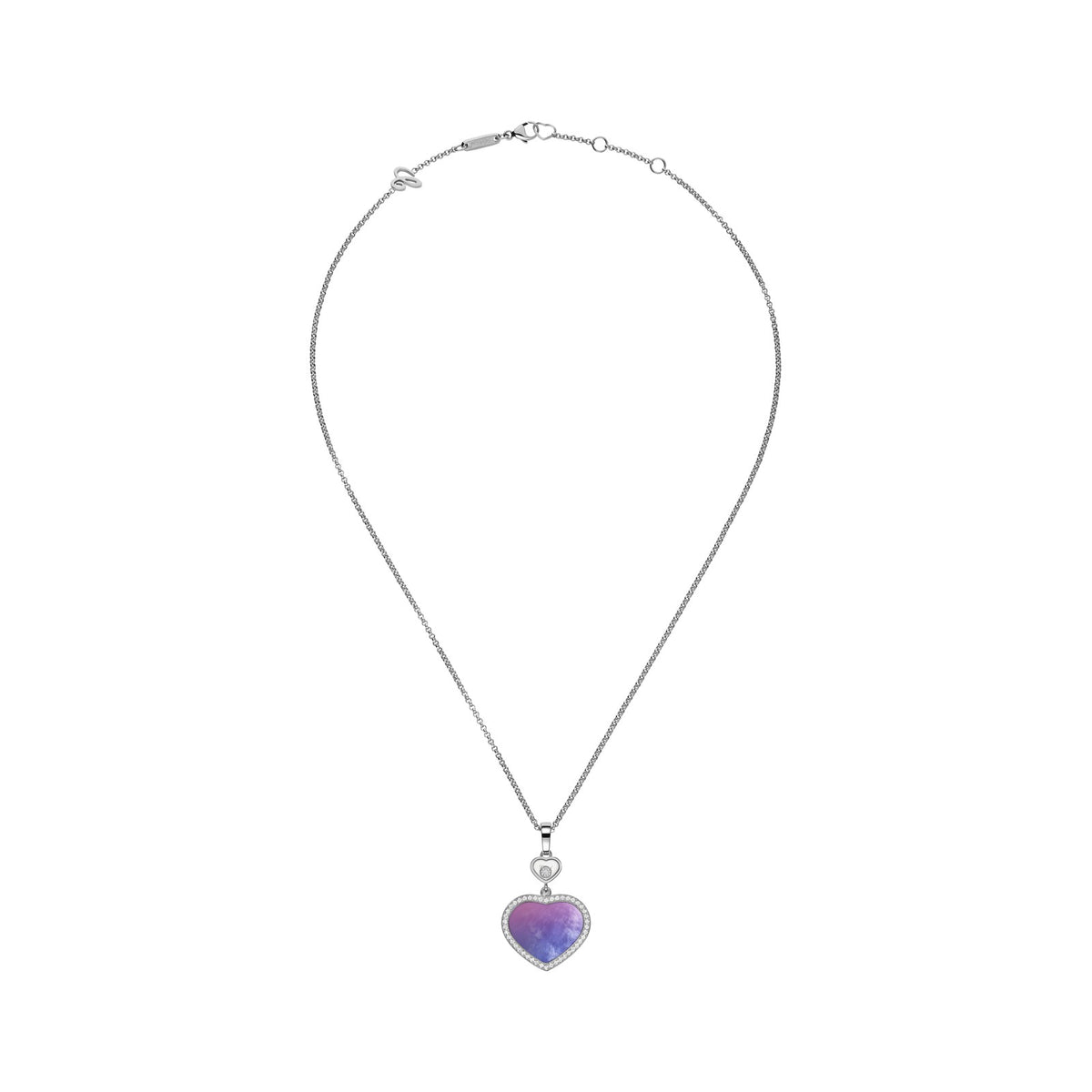 Chopard Happy Hearts pendant in 18k ethical white gold with moving diamonds and mother of pearl, view 3