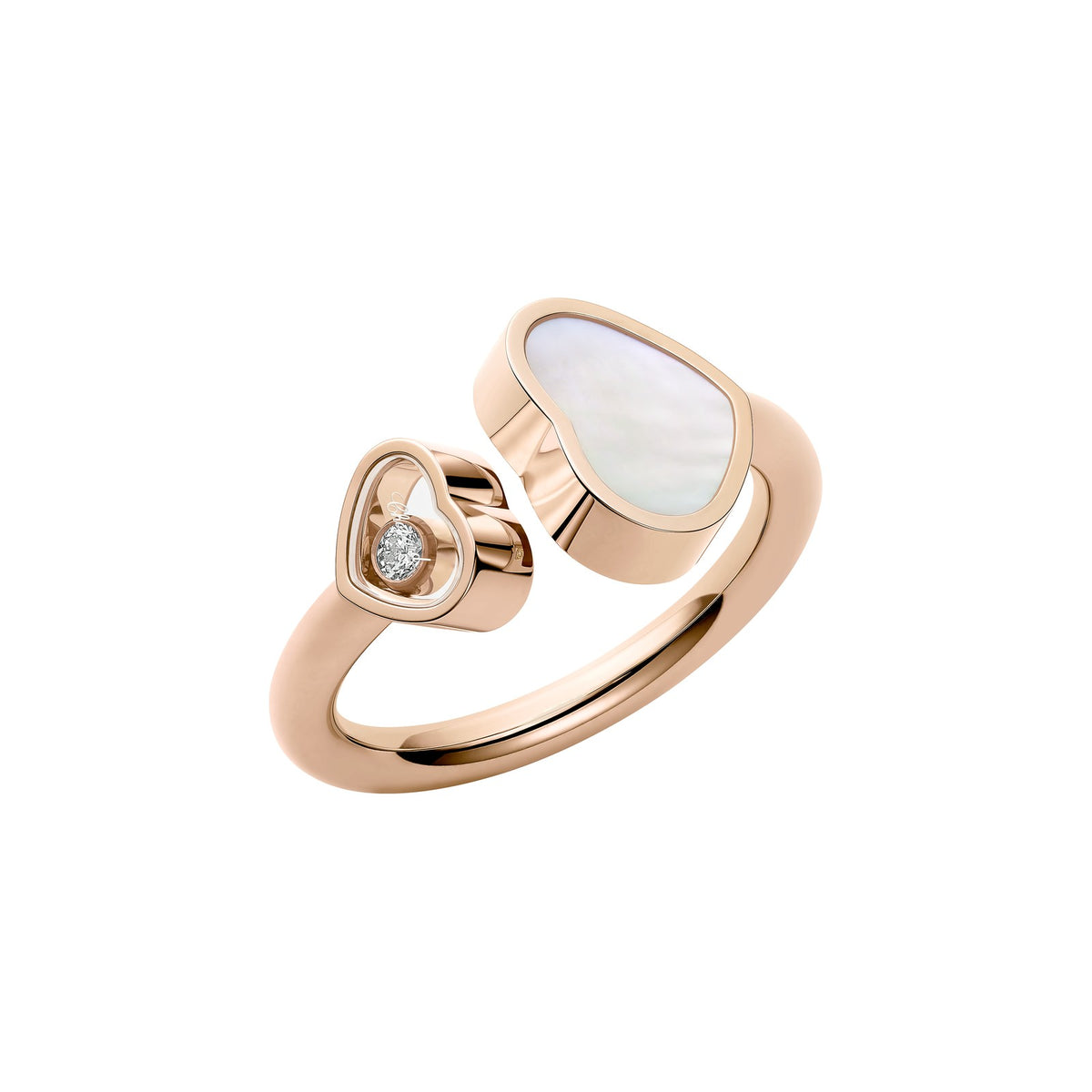 Chopard Happy Hearts ring in 18k ethical rose gold with diamonds and mother of pearl