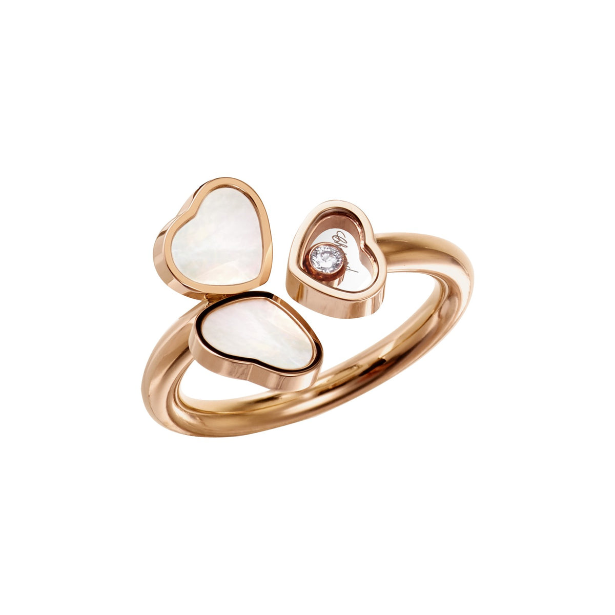 Chopard Happy Hearts ring in 18k ethical rose gold with diamonds and mother of pearl