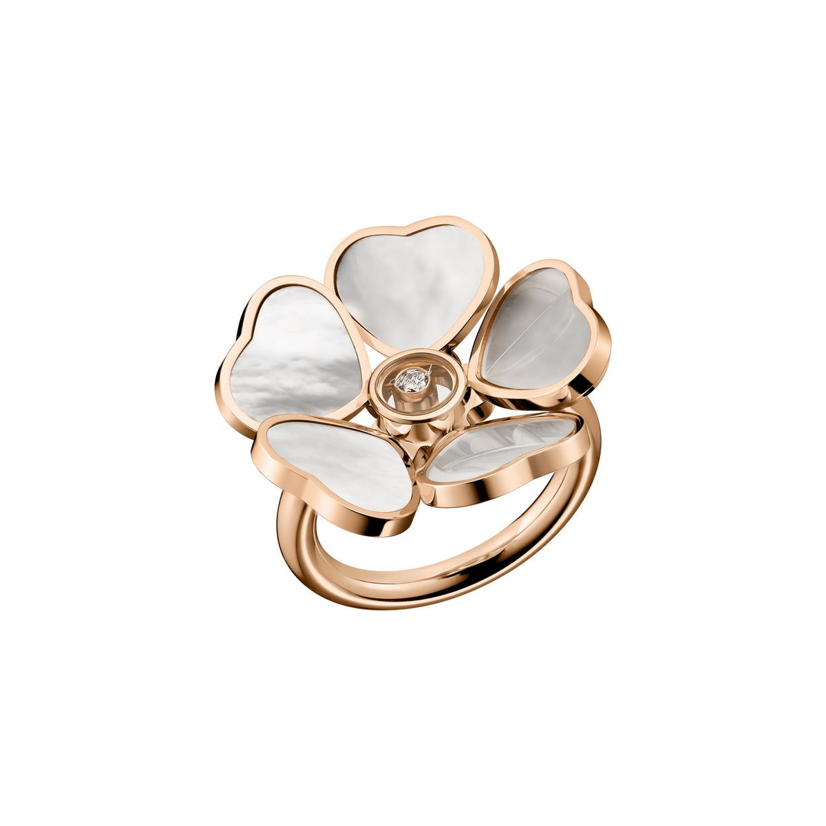 Chopard Happy Hearts ring in 18k ethical rose gold with diamonds and mother of pearl